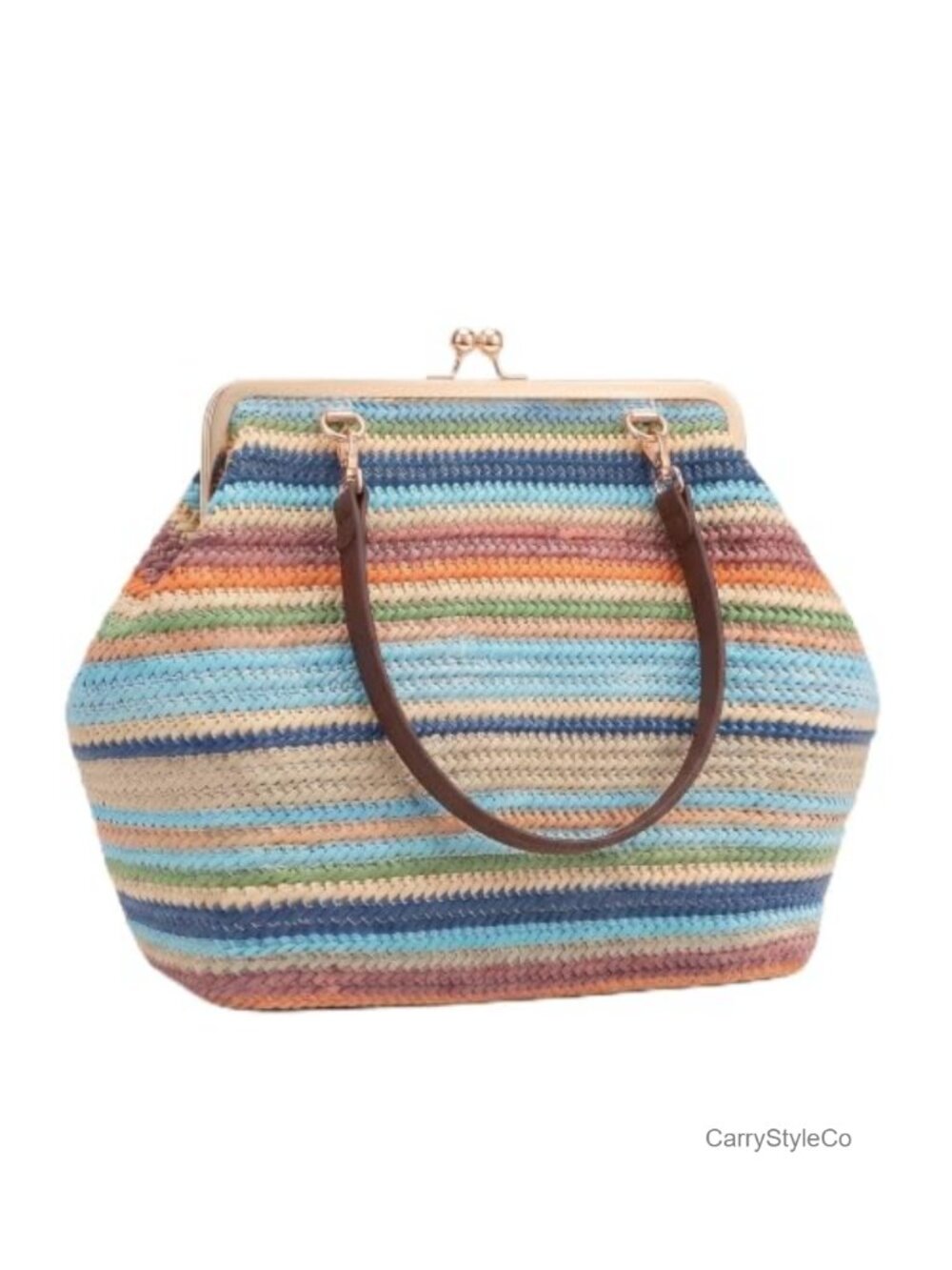 Large Woven Kiss-Lock Satchel Purse Retro Top Handle Handbag Tote